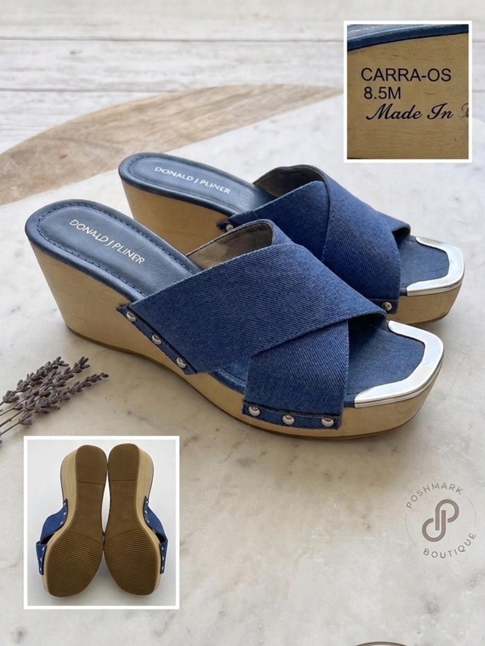 Donald J. Pliner Carra Blue Denim Studded Platform Wedge Summer Sandals 8.5